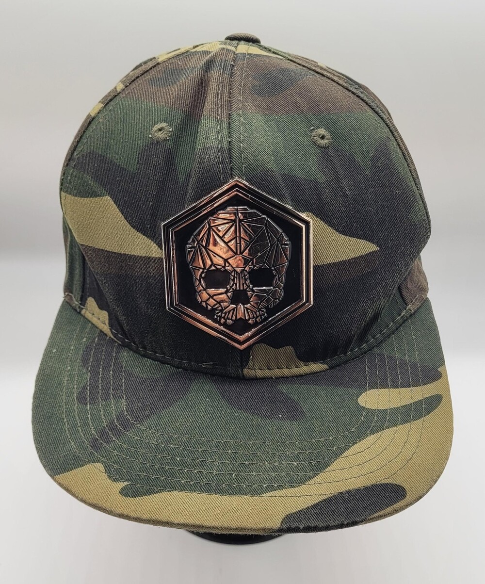 4350 District Mens Camo Gold Hat Cap Snap Back SKULL AOP Brim Patch Metal Badge